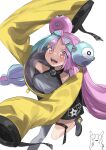  1girl bow-shaped_hair breasts character_hair_ornament cosplay grey_pantyhose hair_ornament hexagon_print highres iono_(pokemon) iono_(pokemon)_(cosplay) jacket large_breasts long_hair low-tied_long_hair multicolored_hair okbnkn oversized_clothes pantyhose pokemon pokemon_(game) pokemon_sv sharp_teeth single_leg_pantyhose sleeves_past_fingers sleeves_past_wrists solo split-color_hair star_(symbol) star_in_eye symbol_in_eye teeth very_long_sleeves x yellow_jacket 