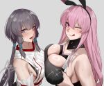  2girls animal_ears asymmetrical_docking ayla_(punishing:_gray_raven) black_bra black_hairband blush bra breast_press breasts chinese_commentary cleavage cleavage_cutout closed_mouth clothing_cutout detached_sleeves eyeshadow fake_animal_ears from_side grabbing_own_breast grey_background grey_hair hair_between_eyes hair_tubes hairband highres large_breasts licking_lips lips long_hair looking_at_viewer makeup medium_breasts multiple_girls one_eye_closed open_mouth pink_eyes pink_hair punishing:_gray_raven purple_eyes rabbit_ears red_eyeshadow selena_(punishing:_gray_raven) sideboob sidelocks simple_background smile sports_bra straight_hair sweatdrop tiankong_pie_ai tongue tongue_out twintails underwear upper_body 