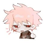  1boy atou_haruki black_jacket blood blood_on_face brown_sweater chibi hand_up highres jacket long_sleeves male_focus notice_lines open_clothes open_jacket open_mouth pbjituiren pink_hair red_eyes ribbed_sweater saibou_shinkyoku short_hair simple_background smile solo spoilers suit_jacket sweater turtleneck turtleneck_sweater white_background 