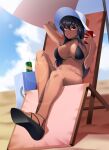  1girl bikini black_bikini black_hair can cellphone chair dark-skinned_female dark_skin drinking_straw glasses hat highres kagiyama_(clave) legs light_rays long_hair looking_at_viewer navel original parasol phone purple_eyes sand smartphone smile solo summer sunlight swimsuit umbrella white_headwear 