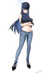  1girl backwards_hat bangs bare_arms bare_shoulders baseball_cap black_footwear black_gloves black_shirt blue_archive blue_hair blue_pants breasts commentary crop_top crossed_arms denim full_body gloves grey_eyes halo hat highres jeans large_breasts long_hair looking_at_viewer midriff navel pants porroll saori_(blue_archive) shirt shoes simple_background sleeveless sleeveless_shirt sneakers solo standing stomach very_long_hair white_background 