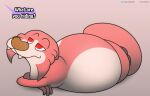  ambiguous_gender anthro belly big_belly biped canid canine dialogue drake_(kitty_pride) fangs fox foxball fur half-closed_eyes hyper hyper_belly kitty_pride lying mammal multicolored_body narrowed_eyes nude orange_body simple_background smile solo speech_bubble teeth text video_games 