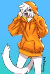  abstract_background anthro baggy_clothing big_nose blue_eyes bottomless clothed clothing domestic_cat evie_(zummeng) felid feline felis female fur happy hi_res hoodie hoodie_only mammal orange_clothing smile solo topwear topwear_only white_body white_fur zummeng 