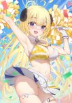  1girl :d absurdres ahoge armpits bangs bikini bikini_top_only blonde_hair blush breasts cheerleader cleavage cosplay curled_horns gloves hibiki_(blue_archive) hibiki_(blue_archive)_(cosplay) hibiki_(cheerleader)_(blue_archive) highres holding holding_pom_poms hololive horns juu_p large_breasts long_hair looking_at_viewer midriff miniskirt navel open_mouth panties pleated_skirt pom_pom_(cheerleading) purple_eyes sheep_girl sheep_horns skindentation skirt smile solo sweat swimsuit thigh_strap tsunomaki_watame underwear virtual_youtuber white_gloves white_skirt yellow_panties 