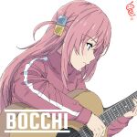  1girl absurdres bangs blue_eyes bocchi_the_rock! closed_mouth cube_hair_ornament from_side gotou_hitori guitar hair_between_eyes hair_ornament highres holding holding_instrument instrument jacket long_hair long_sleeves pink_hair pink_jacket signature simple_background solo track_jacket upper_body white_background yudhacakranidji 