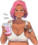  1girl blush breasts cleavage cup eating english_text large_breasts looking_at_viewer ohasi original pink_(ohasi) pink_hair plump protein_bar short_hair sleeveless solo sports_bra sweat tank_top white_background 
