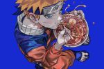  1boy baggy_clothes blonde_hair blue_background blue_eyes blue_footwear blue_headband blush bowl chopsticks eating facial_mark food food_on_face full_body headband high_collar highres holding holding_bowl holding_chopsticks jumpsuit long_sleeves male_focus naruto_(series) noodles orange_jumpsuit ramen rette sandals short_hair solo spiked_hair sweat uzumaki_naruto whisker_markings 