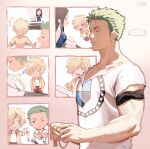  1girl 2boys bandana biceps blonde_hair borrowed_garments chibi collared_shirt curly_eyebrows facial_hair goatee green_hair hair_over_one_eye heart heart-shaped_pupils highres jewelry kotomine_(a1569) loose_necktie male_focus multiple_boys muscular muscular_male necklace necktie nico_robin one_piece pectoral_cleavage pectorals roronoa_zoro sanji_(one_piece) scar scar_across_eye shirt short_hair symbol-shaped_pupils torn_clothes torn_shirt yawning 