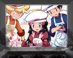  1girl 2boys :d alcremie apron barry_(pokemon) black_eyes black_hair blonde_hair blue_jacket blurry blurry_foreground brown_eyes clenched_teeth commentary_request crossed_arms dawn_(palentine&#039;s_2021)_(pokemon) dawn_(pokemon) hat highres jacket long_hair lucas_(pokemon) mittens multiple_boys official_alternate_costume open_mouth orange_jacket pokemon pokemon_(game) pokemon_dppt pokemon_masters_ex red_jacket sawarabi_(sawarabi725) shiny shiny_hair short_sleeves smile sweatdrop teeth twitter_username white_headwear 