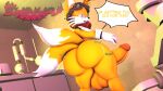  3d_(artwork) aged_up balls big_balls big_butt big_penis butt canid canine digital_media_(artwork) fox genitals hi_res male mammal miles_prower penis sega shaking_butt shinyagaia solo sonic_the_hedgehog_(series) source_filmmaker speech_bubble text 