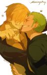  2boys blonde_hair collared_shirt curly_eyebrows facial_hair goatee green_hair grin hair_over_one_eye happy highres imminent_kiss long_sideburns loose_necktie male_focus multiple_boys necktie noses_touching one_piece roronoa_zoro sanji_(one_piece) scar scar_across_eye shirt short_hair sideburns smile upper_body yaoi ynnn_m 