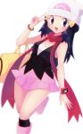  1girl :d bare_arms black_eyes black_hair black_shirt black_socks blush boots bracelet breasts dawn_(pokemon) hat highres jewelry knee_boots long_hair miniskirt open_mouth pink_footwear pink_skirt poke_ball_print pokemon pokemon_(game) pokemon_dppt print_headwear sawarabi_(sawarabi725) shiny shiny_hair shirt skirt sleeveless sleeveless_shirt small_breasts smile socks solo sparkle standing standing_on_one_leg v white_headwear 