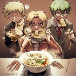  3boys ? ai_drawing_anime_characters_eating_ramen_(meme) atou_haruki bangs black_jacket blonde_hair brown_jacket chinese_commentary closed_eyes collared_shirt colored_eyelashes commentary_request eating film_grain food glasses green_hair grey_jacket hair_between_eyes heart heart-shaped_pupils highres jacket long_sleeves male_focus meme multiple_boys necktie noodles open_clothes open_jacket open_mouth otowa_rui_(saibou_shinkyoku) parted_bangs ramen rectangular_eyewear red_necktie ribbed_sweater saibou_shinkyoku shinano_eiji shirt short_hair speech_bubble spoken_question_mark striped_necktie suit_jacket sweater symbol-shaped_pupils turtleneck turtleneck_sweater white_shirt yellow_eyes yellow_sweater zhainuxiuer 