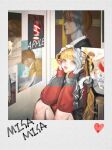  1girl amane_misa apple bangs blonde_hair character_name death_note food fruit hands_on_own_cheeks hands_on_own_face jacket jnkku long_hair long_sleeves looking_at_viewer maid_headdress photo_(object) picture_(object) polaroid poster_(object) red_jacket short_twintails sleeves_past_wrists solo twintails upper_body yagami_light yellow_eyes 