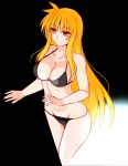  1girl bangs bare_arms bikini black_background black_bikini blonde_hair breasts cleavage closed_mouth collarbone engo_(aquawatery) fate_testarossa groin hair_between_eyes halterneck large_breasts long_hair lowleg lowleg_bikini lyrical_nanoha mahou_shoujo_lyrical_nanoha_strikers red_eyes sketch smile solo straight_hair swimsuit very_long_hair 