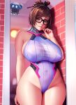  1girl bare_arms biting black-framed_eyewear bodysuit breasts brick_wall brown_eyes brown_hair cleavage cosplay curvy d.va_(overwatch) d.va_(overwatch)_(cosplay) english_commentary fingernails glasses hair_bun hair_ornament hair_stick half-closed_eyes highleg highleg_leotard large_breasts leotard lifted_by_self lip_biting lips looking_at_viewer mei_(overwatch) navel nikichen no_bra nose overwatch overwatch_1 plump purple_leotard short_hair single_hair_bun skindentation solo 