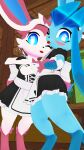  3d_(artwork) absurd_res ambiguous_gender anthro blue_eyes blush bonepie bottomless clothed clothing digital_media_(artwork) duo eeveelution embrace generation_4_pokemon generation_6_pokemon glaceon hi_res holding_another hug inviting leaning_on_another looking_at_viewer looking_down_at_viewer maid_uniform nintendo pokemon pokemon_(species) sylveon uniform video_games 