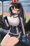  1girl absurdres bird_wings black_choker black_hair blue_archive blue_jacket blush bottle breast_press breasts choker clipboard gym_uniform hair_between_eyes halo hasumi_(blue_archive) hasumi_(gym_uniform)_(blue_archive) highres holding holding_clipboard jacket large_breasts looking_at_viewer nanni_jjang official_alternate_costume parted_lips ponytail red_eyes shirt sitting solo sportswear sweat thighs water_bottle white_shirt wings 