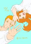  1boy 1girl 21_isbivm bleach bleach:_epilogue brown_eyes couple dated hetero highres husband_and_wife inoue_orihime jewelry kurosaki_ichigo long_hair open_mouth orange_hair outstretched_hand ring short_hair teeth twitter_username upper_body wedding_ring 