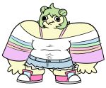  alpha_channel anthro bottomwear clothed clothing cutoffs denim denim_clothing derp_eyes dinosaur female goodbye_volcano_high green_hair hair hi_res humor nrool ornithischian reptile scalie shorts simple_background snoot_game_(fan_game) solo stegosaurian stegosaurus stella_(gvh) thyreophoran toony transparent_background video_games wide_stance yellow_body 