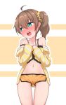  1girl ahoge bare_shoulders bibi_(bibi47881139) blush brown_hair clothes_lift commentary green_eyes hair_ornament hair_scrunchie highres hololive looking_to_the_side natsuiro_matsuri navel open_mouth orange_shorts scrunchie shirt_lift shorts simple_background solo teeth upper_teeth virtual_youtuber yellow_scrunchie 