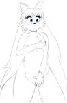  anthro blue_eyes blush cactuscacti covering covering_self embarrassed felid feline female hair long_hair mammal monochrome nude simple_background solo solo_focus 
