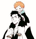  2boys black_hair bleach carrying choko_egg closed_eyes family full_body grandfather_and_grandson grin highres kurosaki_isshin kurosaki_kazui male_focus multiple_boys orange_hair short_hair shoulder_carry smile time_paradox upper_body zouri 