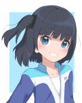  1girl bad_id bad_twitter_id bangs black_hair blue_background blue_eyes blue_jacket bubukka female_child himenogi_rinze jacket long_sleeves looking_at_viewer love_r multicolored_clothes multicolored_jacket short_hair side_ponytail smile solo two-tone_background upper_body white_jacket 