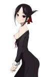  1girl absurdres bangs black_dress black_hair blush breasts clothes_pull coro_fae dress dress_pull folded_ponytail from_side hair_ribbon highres kaguya-sama_wa_kokurasetai_~tensai-tachi_no_renai_zunousen~ long_sleeves looking_at_viewer nipples no_bra one_breast_out own_hands_together parted_bangs red_eyes red_ribbon ribbon school_uniform shinomiya_kaguya short_hair shuuchiin_academy_school_uniform sidelocks simple_background small_breasts smile solo white_background 