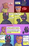  anthro blush clothed clothing comic dialogue digital_media_(artwork) domestic_cat duo english_text felid feline felis fur grey_body grey_fur hair heterochromia hi_res hybrid juno_(sleepywozzy) male male/male mammal matt_(sleepywozzy) mature_anthro mature_male muscular muscular_anthro muscular_male open_mouth pecs piercing red_eyes ring_piercing simple_background sleepywozzy smile speech_bubble text tongue topwear 