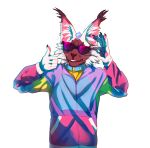  alpha_channel anthro blackscour blue_clothing blue_collar blue_topwear brown_body brown_fur brown_nose cheek_tuft clothed clothing collar ear_tuft eyewear facial_tuft felid feline front_view fur gesture half-length_portrait hi_res inner_ear_fluff lynx male mammal obscured_eyes pink_clothing pink_inner_ear pink_topwear portrait simple_background smile solo sunglasses thumbs_up topwear transparent_background tuft unsigned whiskers white_body white_fur white_inner_ear_fluff yellow_clothing yellow_topwear 
