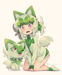  1girl ;d animal_ears cat_ears cat_tail commentary_request creature_and_personification fangs green_hair highres kneeling kuromiya looking_at_another multicolored_hair one_eye_closed open_mouth personification pokemon pokemon_(creature) red_eyes simple_background smile sprigatito tail thighs twitter_username two-tone_hair white_hair yellow_background 
