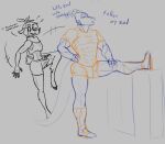  anthro antlers bulge cervid clothed clothing dialogue dragon duo english_text erection erection_under_clothing hair horn male mammal monochrome narija reptile scalie seven_(artist) sketch stretching text 
