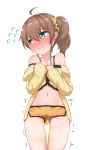  1girl ahoge bare_shoulders bibi_(bibi47881139) blush brown_hair clothes_lift green_eyes hair_ornament hair_scrunchie highres hololive looking_to_the_side natsuiro_matsuri navel orange_shorts peeing peeing_self scrunchie shirt_lift shorts simple_background smile solo virtual_youtuber white_background yellow_scrunchie 