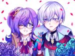  1boy 1girl alternate_costume bangs blue_eyes blue_flower blue_gloves blue_rose blush commentary elsword english_commentary flower glasses gloves hair_between_eyes hair_ornament highres holding_hands light_purple_hair long_hair looking_at_another looking_to_the_side mimimou400 noah_ebalon nyx_pieta_(elsword) one_eye_closed petals purple_eyes purple_flower purple_hair purple_rose red_gloves rose short_hair side_ponytail sidelocks simple_background smile teeth upper_body valentine white_background yuria_landar 