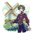  1boy bangs border brassius_(pokemon) closed_mouth commentary_request cowboy_shot day green_hair grey_eyes highres holding jacket kibisuke_(bisvv) long_sleeves male_focus outdoors outline pants pokemon pokemon_(game) pokemon_sv short_hair solo turtleneck turtleneck_jacket whip white_border windmill 