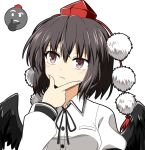  1girl bangs black_hair black_ribbon black_wings breasts brown_eyes buttons collared_shirt commentary_request emoji feathered_wings hand_on_own_chin hat highres long_sleeves medium_breasts neck_ribbon pom_pom_(clothes) raised_eyebrow red_headwear red_ribbon ribbon rise_(rise19851203) shameimaru_aya shirt short_hair solo stroking_own_chin thinking thinking_emoji tokin_hat touhou white_shirt wings 