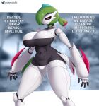  2022 absurd_res big_breasts breasts clothed clothing dialogue digital_media_(artwork) english_text eyelashes female fingers future_pokemon gammainks generation_9_pokemon hair hi_res humanoid iron_valiant looking_at_viewer machine navel nintendo not_furry pokemon pokemon_(species) robot solo text video_games 