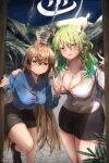  2girls antlers blush breasts brown_hair bubba_(watson_amelia) ceres_fauna cleavage collared_shirt earrings feather_hair_ornament feathers flower green_hair hair_between_eyes hair_flower hair_ornament highres hololive hololive_english jewelry koromay_ho large_breasts long_hair looking_at_viewer multiple_girls nanashi_mumei parted_lips partially_unbuttoned ponytail shirt shorts thick_thighs thighs v very_long_hair virtual_youtuber yellow_eyes 