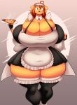  absurd_res anthro big_breasts bra_strap breasts canid canine canis cleavage clothed clothing domestic_dog female fingerless_gloves food frilly_stockings ginger_(jaeh) gloves handwear hi_res huge_breasts hyper hyper_breasts jaeh legwear maid_uniform mammal pizza plate solo stockings thick_thighs uniform 