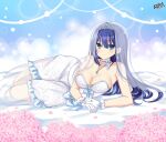  1girl aqua_eyes bare_shoulders blue_hair breasts cleavage dress engage_kiss gloves highres large_breasts lewdkuma long_hair looking_at_viewer smile solo very_long_hair wedding_dress white_dress white_gloves yuugiri_ayano 