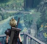  1boy armor balcony black_gloves blonde_hair buster_sword cloud_strife facing_away final_fantasy final_fantasy_vii final_fantasy_vii_remake garden gloves highres male_focus outdoors short_hair shoulder_armor sleeveless sleeveless_turtleneck solo spiked_hair stairs stream turtleneck upper_body weapon weapon_on_back yum0811 