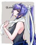  1girl belt black_belt black_shirt blue_hair blue_pants border breasts dog_tags grey_background hair_intakes high_ponytail large_breasts long_hair looking_at_viewer military mitsurugi_meiya muvluv muvluv_alternative outside_border pants parted_lips profile purple_eyes sakurai_(skri_3527) shirt sleeveless sleeveless_turtleneck solo towel towel_around_neck turtleneck twitter_username uniform upper_body very_long_hair watermark white_border 