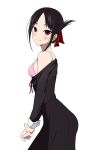  1girl absurdres bangs black_dress black_hair blush bra breasts clothes_pull coro_fae dress dress_pull folded_ponytail from_side hair_ribbon highres kaguya-sama_wa_kokurasetai_~tensai-tachi_no_renai_zunousen~ long_sleeves looking_at_viewer own_hands_together parted_bangs pink_bra red_eyes red_ribbon ribbon school_uniform shinomiya_kaguya short_hair shuuchiin_academy_school_uniform sidelocks simple_background small_breasts smile solo underwear white_background 