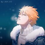  1boy bleach brown_eyes coat dated fur-trimmed_coat fur_trim highres keroooooo kurosaki_ichigo looking_up male_focus orange_hair portrait short_hair solo sweater white_sweater 