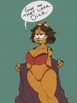  2022 anthro big_breasts breasts brown_hair clothing curvy_figure dialogue digital_media_(artwork) domestic_cat english_text felid feline felis female fur garfield_(series) garfield_the_cat hair hi_res mammal orange_body orange_fur presenting solo text thingshappen underwear voluptuous wide_hips 