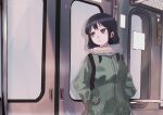  1girl 5_rebbeccas absurdres backpack bag bangs black_hair closed_mouth commentary_request earphones expressionless green_jacket grey_scarf hands_in_pockets highres jacket long_hair long_sleeves looking_to_the_side low_twintails purple_eyes scarf solo standing tamura_yuri train_interior twintails upper_body watashi_ga_motenai_no_wa_dou_kangaetemo_omaera_ga_warui! 