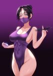  1girl absurdres animification apex_legends apron bangs black_hair blue_eyes blush breasts cleavage commentary commission covered_mouth electricity english_commentary hair_behind_ear hair_bun head_tilt highres iceringer kunai mask medium_breasts mouth_mask naked_apron open_hand parted_bangs purple_apron purple_background single_hair_bun solo twirling_weapon weapon wraith&#039;s_kunai wraith_(apex_legends) 