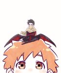  2boys black_wings bleach bleach:_epilogue blush choko_egg closed_eyes crossed_arms full_body highres kurosaki_kazui long_sleeves looking_at_viewer male_focus multiple_boys orange_eyes orange_hair portrait sitting sitting_on_head sitting_on_person tsubaki_(bleach) ugaki_(bleach) wings 