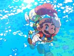  1boy antenna_hair arm_up blue_eyes blue_pants brown_footwear brown_hair buttons caustics f.l.u.d.d. facial_hair gloves hat holding holding_clothes holding_hat hoshikuzu_pan in_water looking_at_viewer male_focus mario mario_(series) mustache one_eye_closed overalls pants red_headwear red_shirt shirt shoes short_hair short_sleeves solo starfish super_mario_sunshine wading water wet wet_clothes white_gloves 
